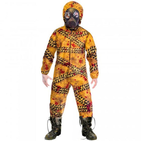 Costume Quarantine Zombie for kids 5-7 years, featuring a spooky jumpsuit and mask for Halloween fun.