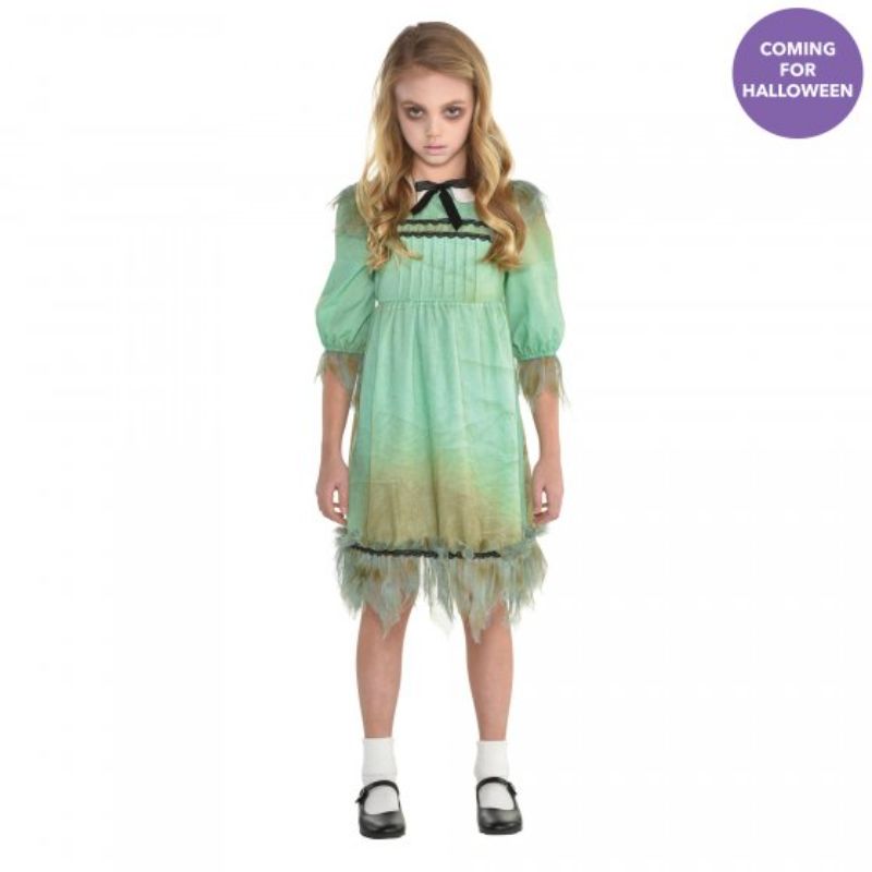 Creepy Girl costume for ages 6-8 featuring a dark, flowing dress, perfect for Halloween and themed dress-up adventures.