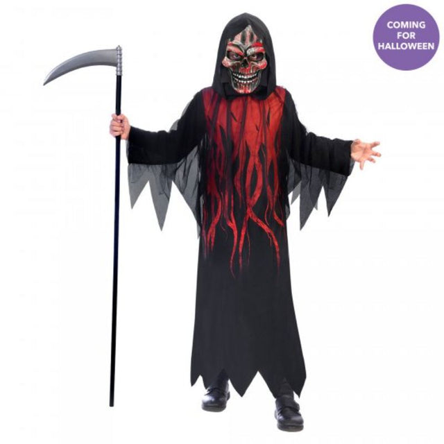 Child in a dark hooded robe and mask, embodying a spooky reaper for Halloween or themed events.