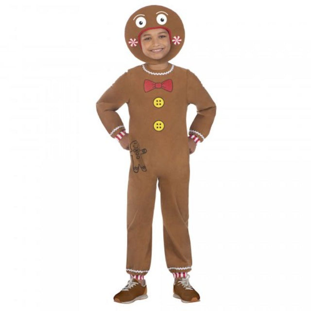 Adorable gingerbread man costume for kids aged 3-4, featuring a cozy jumpsuit and sweet headpiece for festive fun.