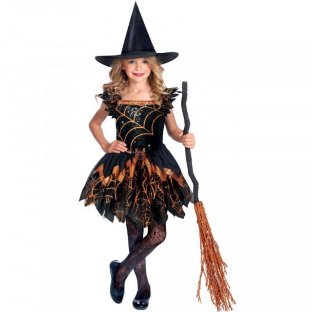 Adorable Spider Witch costume for girls 3-4 years, featuring a sparkly dress and matching hat, perfect for Halloween fun.