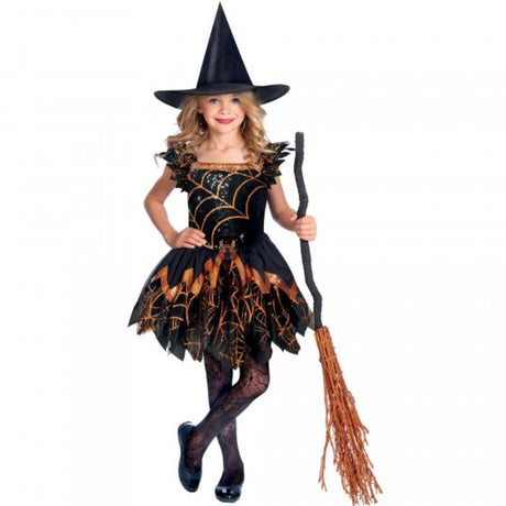 Enchanting Spooky Spider Witch costume for girls ages 6-8 with black dress and matching witch hat, perfect for Halloween fun.
