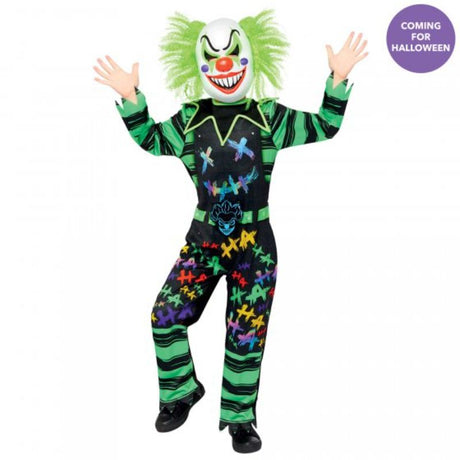 Vibrant Haha Clown costume for boys 8-10, featuring a colorful jumpsuit and mask for fun, playtime, and festive events.