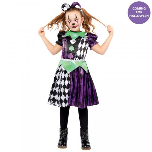 Colorful jester costume for girls aged 4-6, complete with a whimsical headband for fun dress-up and imaginative play.