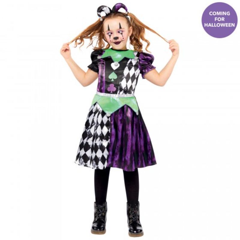 Vibrant jester costume for girls aged 6-8 featuring colorful patterns and playful headband with bells, perfect for fun occasions.