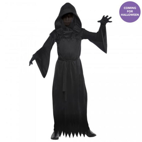 Hooded robe with face veil and sash for kids, perfect for spooky events and Halloween celebrations.