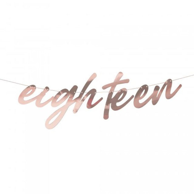 Rose gold 'Eighteen' banner for birthday decor, featuring elegant foil design and 1.7m hanging twine.