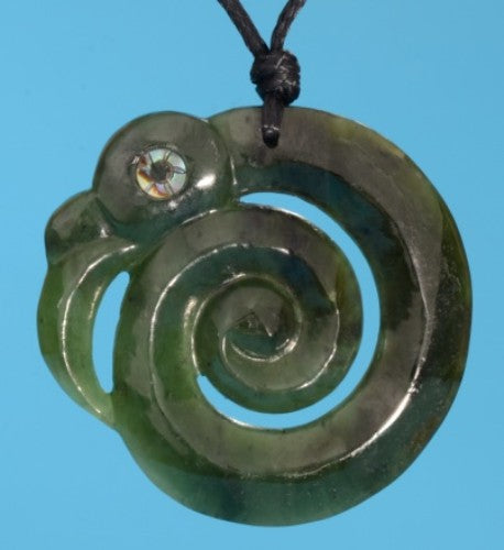 Greenstone Manaia Koru Pendant on black cord, symbolizing protection and new beginnings, crafted from unique Nephrite Jade.