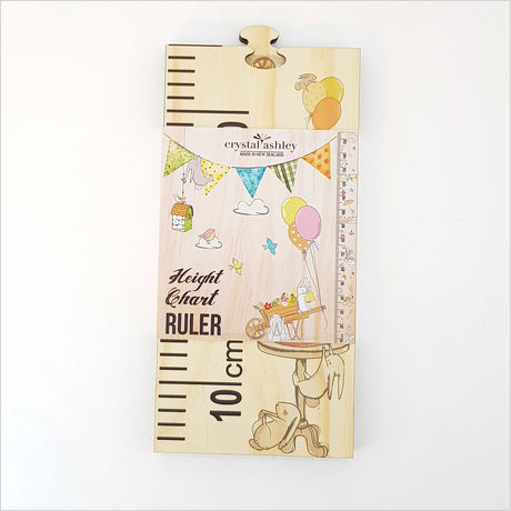 Woodland-themed growth chart ruler made of eco-friendly pine, featuring cute animals and interactive puzzle pieces.