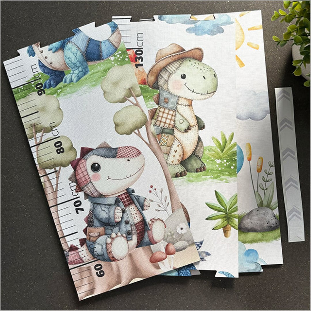 Colorful patchwork dinosaur growth chart ruler for children's rooms, measuring 175 cm, with 3 interactive puzzle pieces.