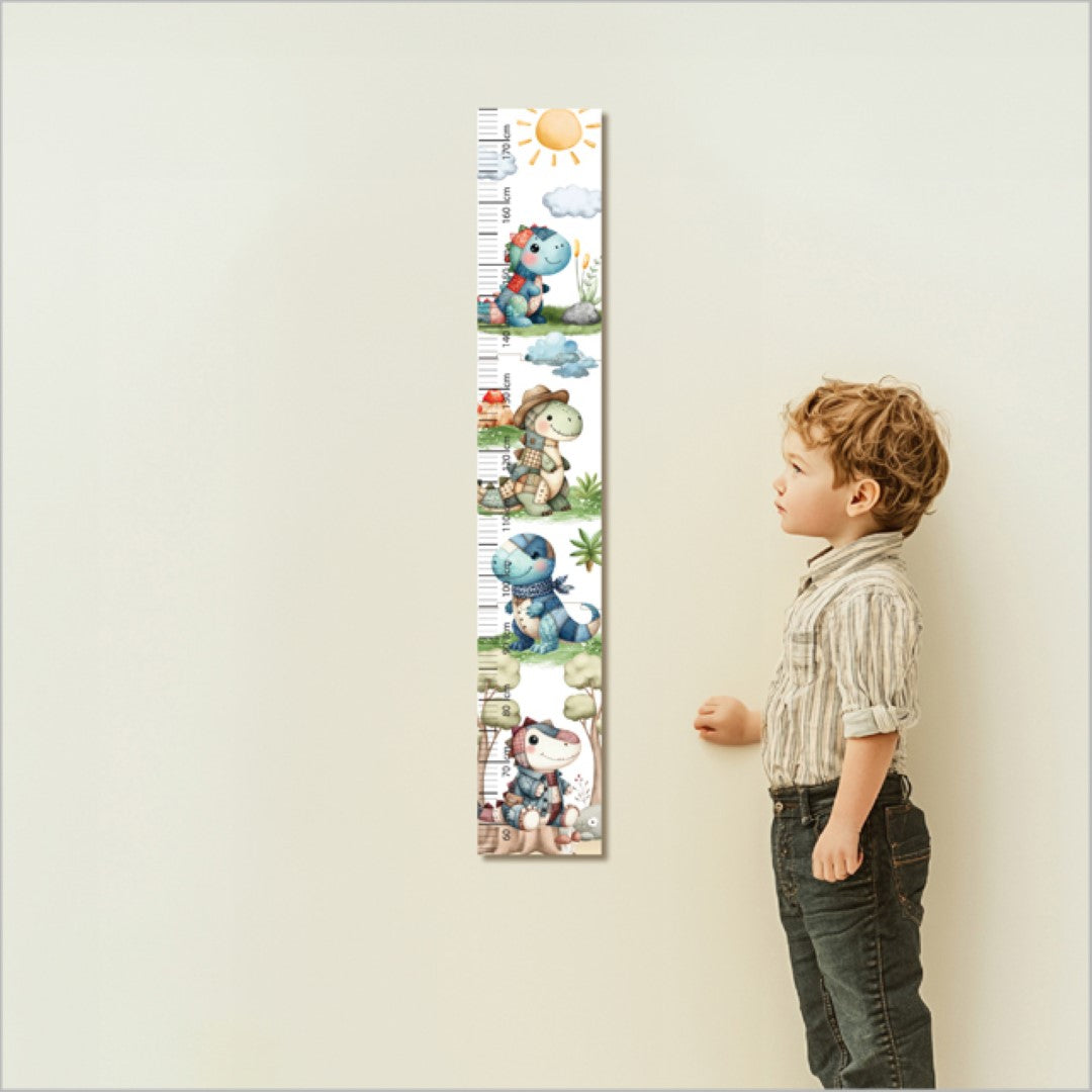 Colorful patchwork dinosaur growth chart ruler for kids, measuring 175 cm tall, with interactive puzzle pieces and markers.