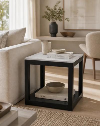 Marble Top Side Table - Black Oak Base - Old Pine / White Marble