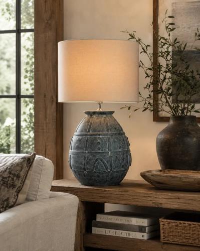 Grey Terracotta Lamp with Natural Linen Shade