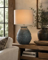 Grey Terracotta Lamp with Natural Linen Shade