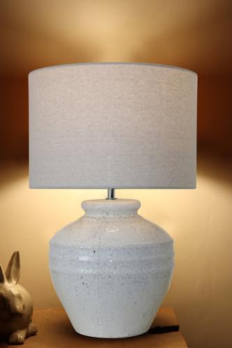 White Terracotta Lamp with White Linen Shade - 350 X 350 X 475