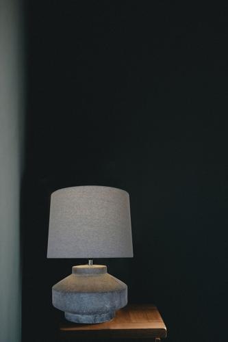Pebble Terracotta Lamp Withgrey Linen Shade