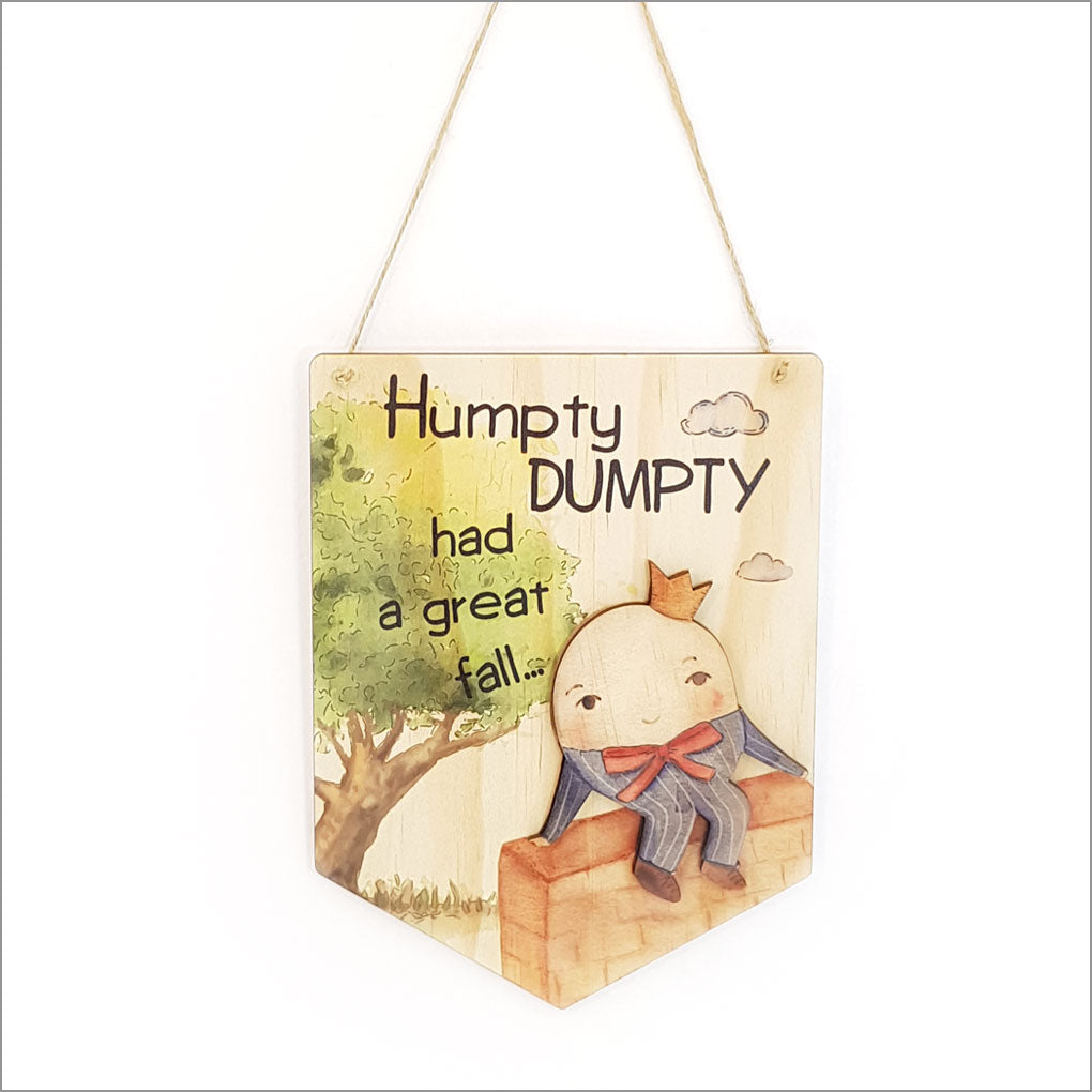 Whimsical Humpty Dumpty wall art on eco-friendly pine veneer, perfect for children's rooms and ready to hang.