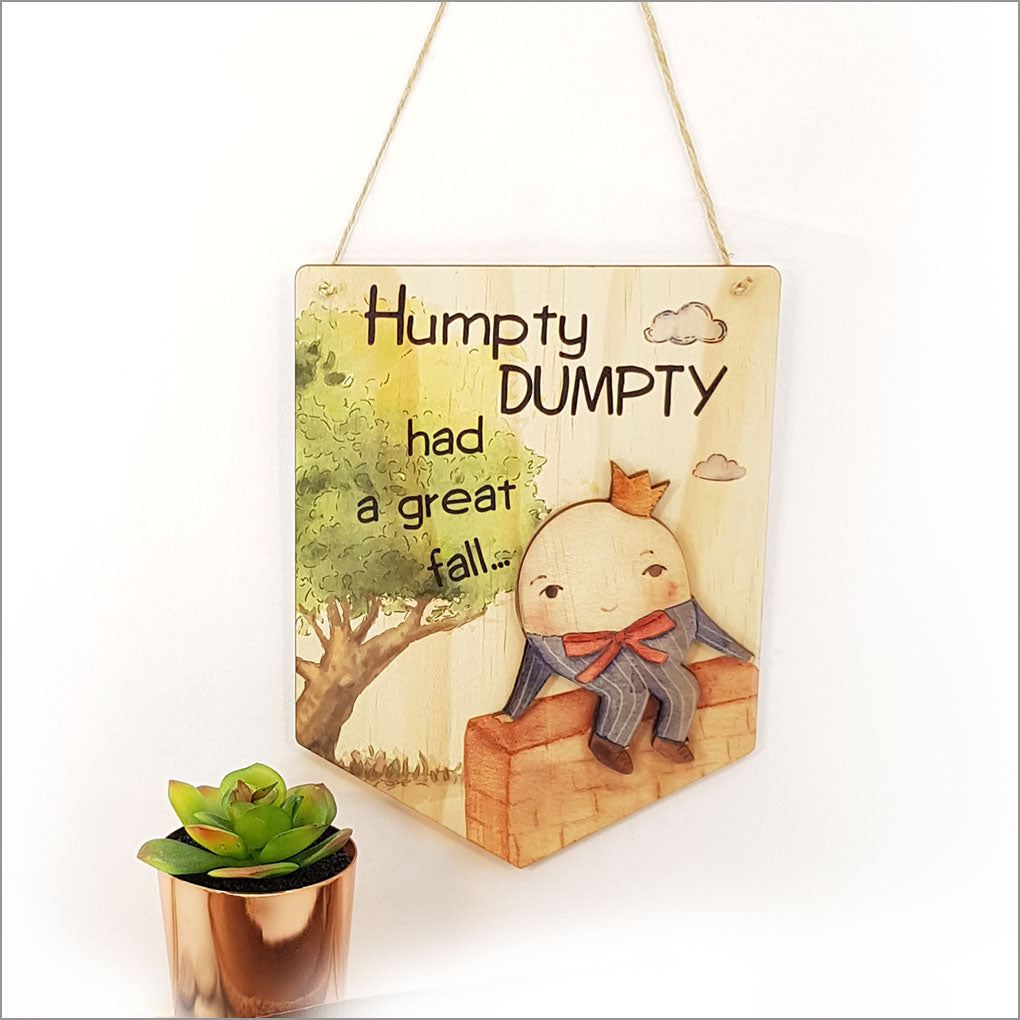 Whimsical Humpty Dumpty printed pine wall art, eco-friendly, ready to hang, perfect for kids' rooms and playful decor.