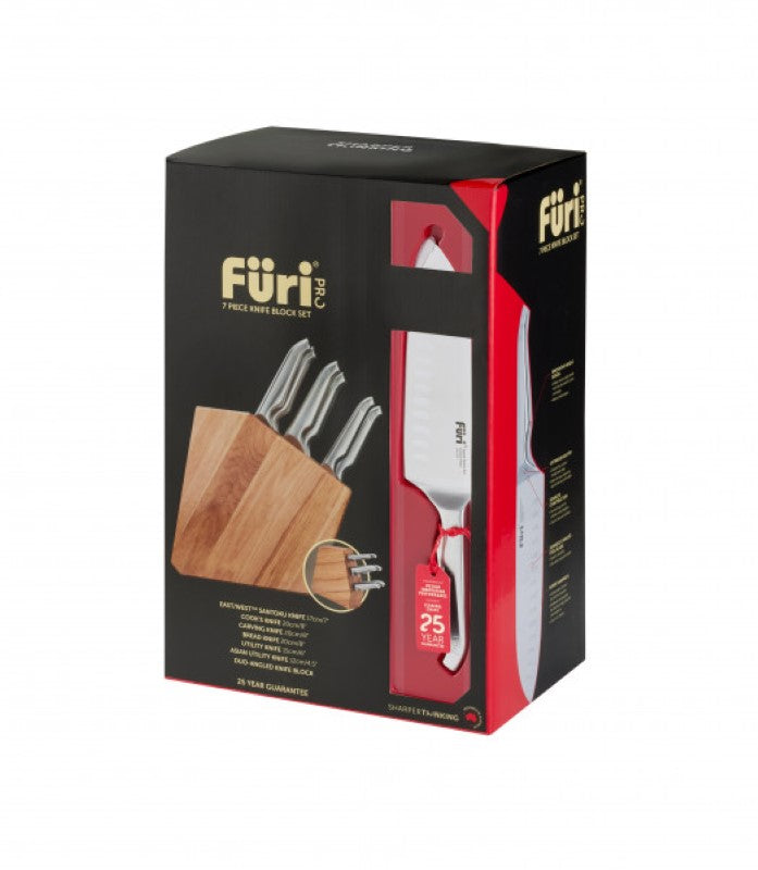 Furi Pro Duo-Angled Knife Block Set, 7 high-carbon stainless steel knives in eco-friendly oak block for optimal kitchen performance.