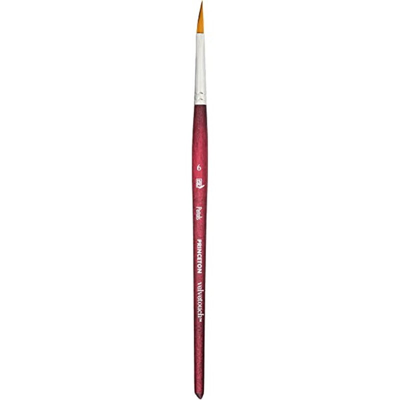 Princeton Velvetouch Synthetic Petals Brush 6 with soft grip, ideal for watercolors, acrylics, and oils, perfect for detailed work.