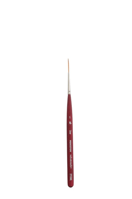 Princeton Velvetouch Mini Liner Brush with synthetic filaments for precision in watercolors, acrylics, and oils.