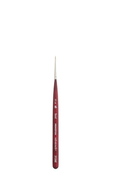 Princeton Velvetouch Mini Round Brush 12/0, designed for precision in watercolors, acrylics, and oils with a comfortable handle.