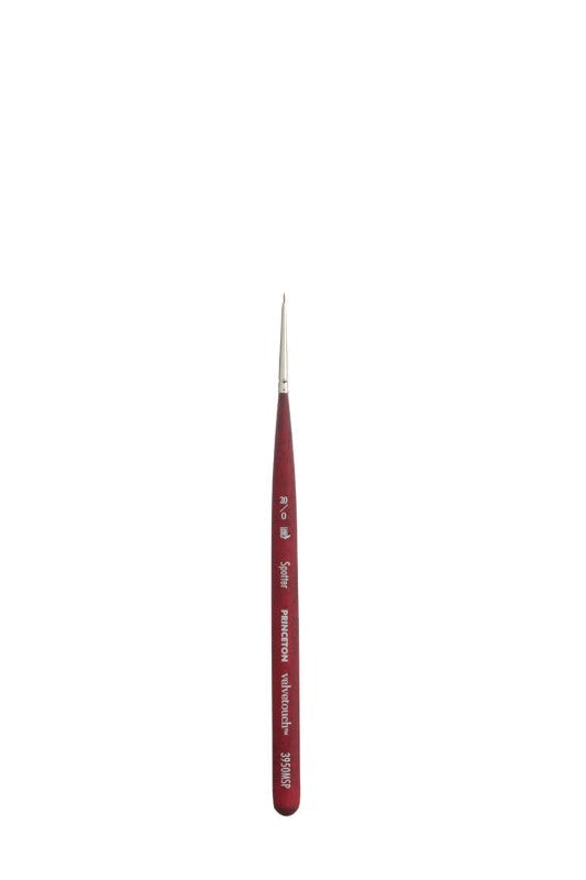 Princeton Velvetouch Synthetic Mini Spotter Brush 20/0 designed for precision in watercolor, acrylic, and oil painting.