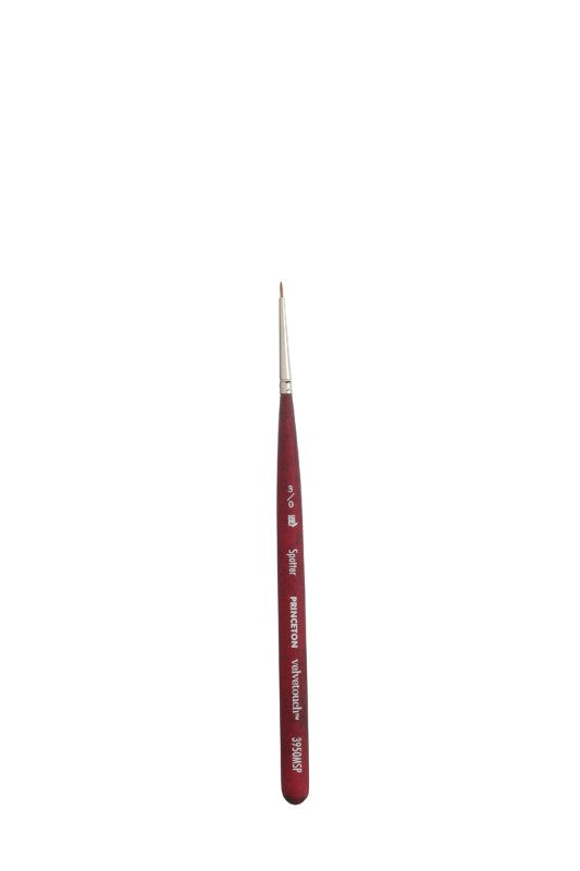 Princeton Velvetouch Mini Spotter Brush with ergonomic handle for precise detail work in watercolors, acrylics, and oils.