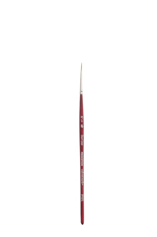 Princeton Velvetouch Synthetic Short Liner Brush 10/0 for precise detailing in watercolors, acrylics, and oils.