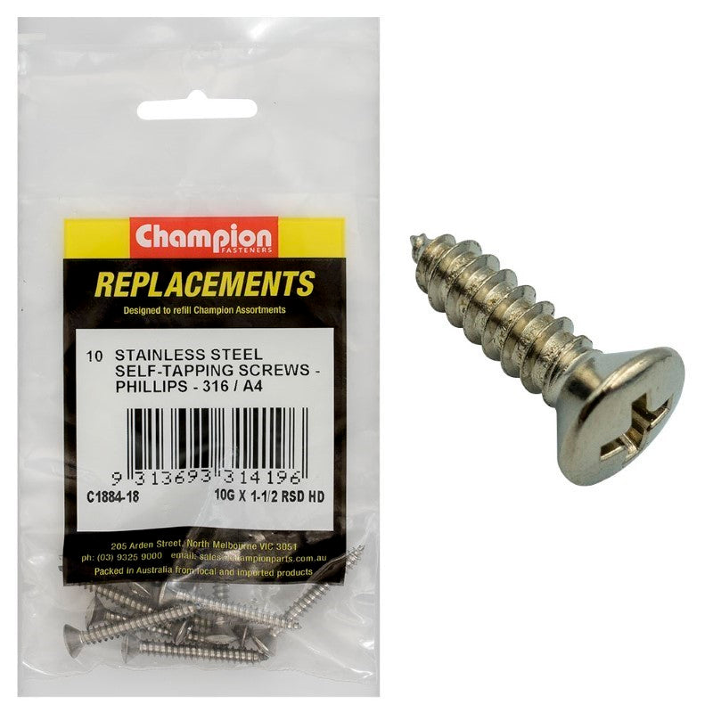 Champion 10G x 1-1 / 2in S / Tapping Screw-Rsd-Ph-316 / A4-10pk