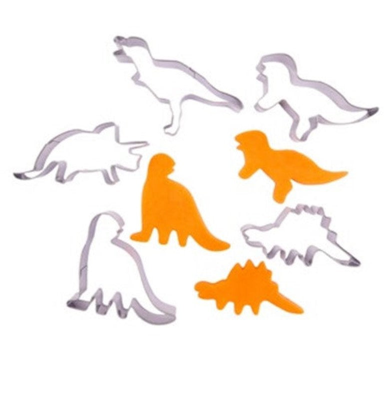 Set of 5 dinosaur-shaped metal cookie cutters for fun baking and crafting, including a T-Rex and Triceratops.