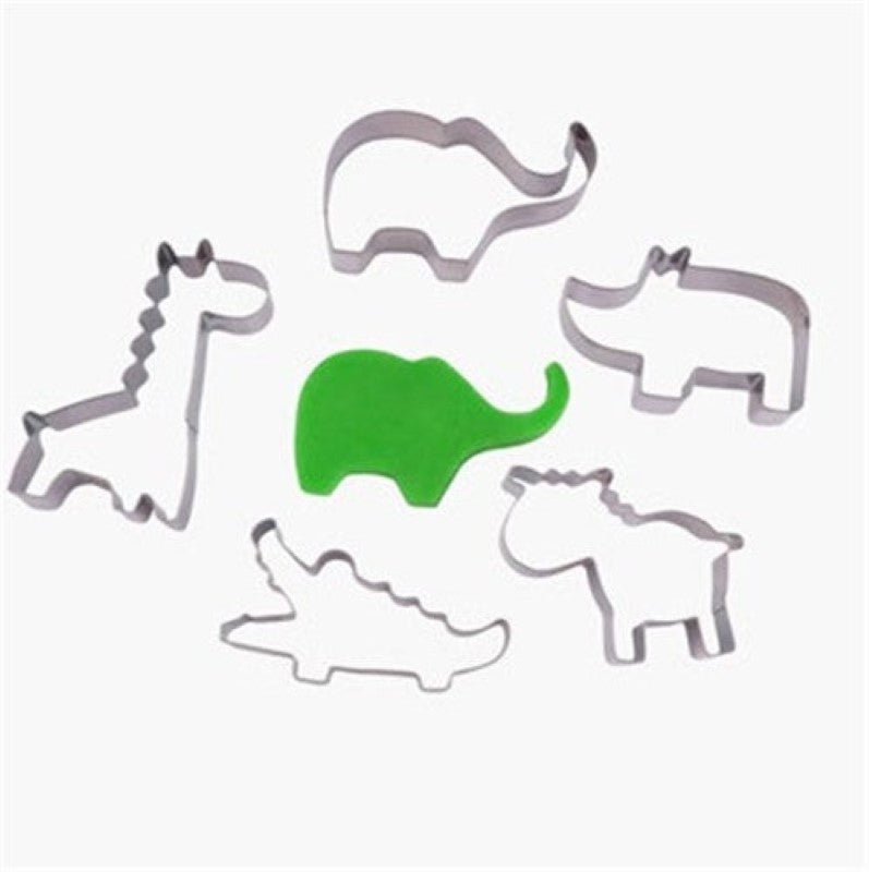 Set of 5 jungle animal metal cookie cutters: lion, elephant, monkey, giraffe, and zebra for fun baking adventures.
