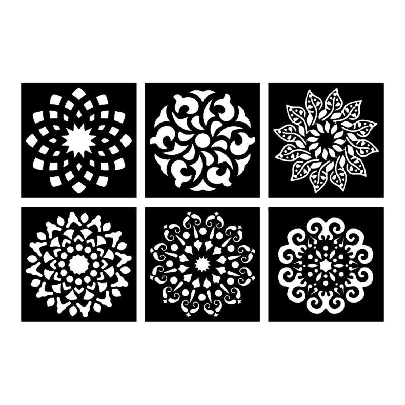 Set of 6 washable mandala stencils for crafting, measuring 14x14 cm, ideal for creative projects and easy cleaning.