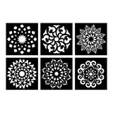 Set of 6 washable mandala stencils for crafting, measuring 14x14 cm, ideal for creative projects and easy cleaning.