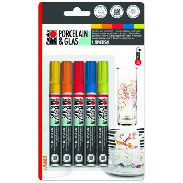 Vibrant Marabu Summer Set of 5 porcelain and glass markers for artistic decoration on mugs, plates, and windows.