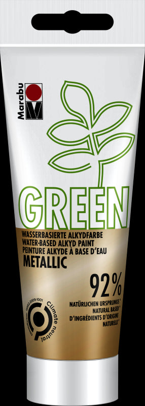 Marabu Green Water-Based Alkyd Paint in Metallic Gold, 100ml, eco-friendly, vegan, versatile for various surfaces.