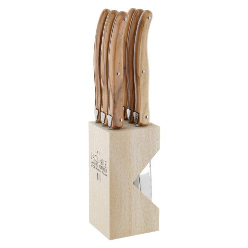 Steak Knife Set in Block - ANDRE VERDIER Olive Wood (6 Piece)