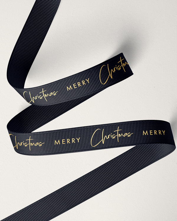 16mm Merry Christmas Grosgrain Gold on Black