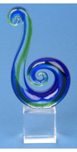 Hand-blown glass Koru Tail ornament symbolizing renewal, perfect for home decor and meaningful gifts.