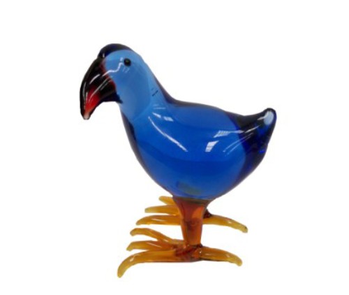 Hand-blown glass Pukeko ornament representing Kiwiana culture, vibrant colors, and intricate details, perfect for home decor.