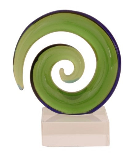 Hand-blown glass round Koru ornament inspired by New Zealand's Kiwiana culture, featuring an elegant spiral design.