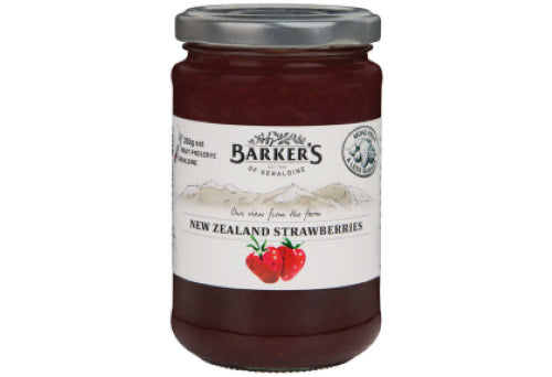 Barkers Preserve Strawberry 350g - New Zealand fruit preserve with rich strawberry flavor.