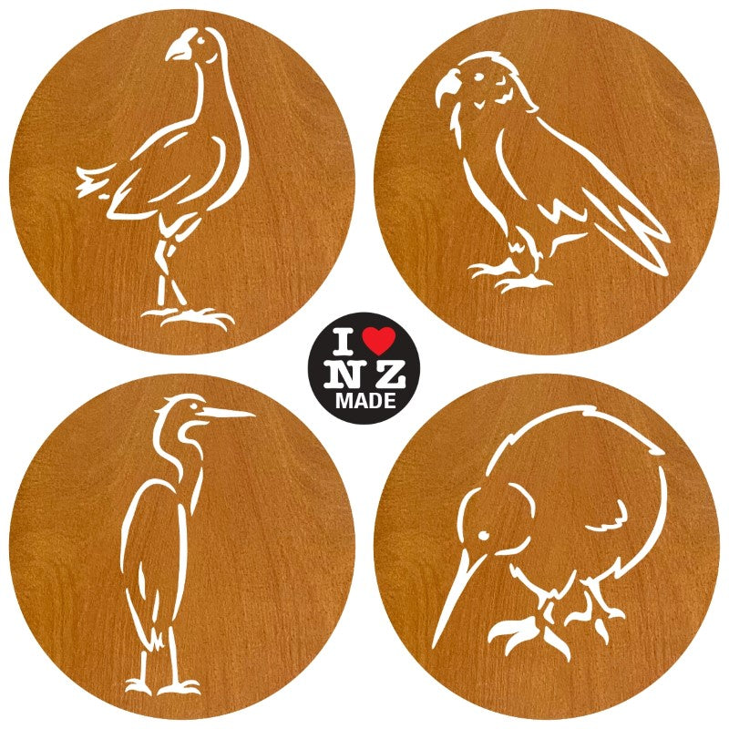 Sophie Blokker Set of 4  Cut Rimu Veneer Coasters - Pukeko, Kea, Heron, Kiwi