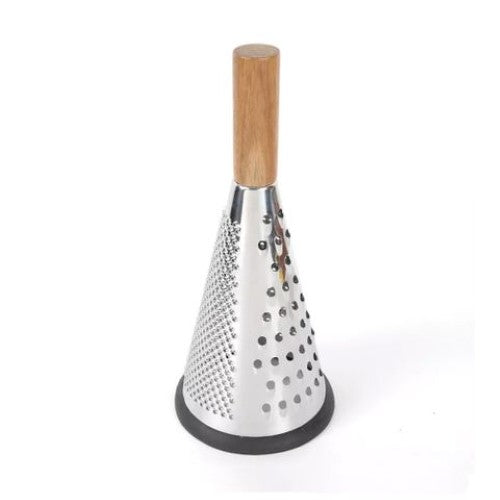 Conical grater with wooden handle, designed for fine and coarse grating, ideal for cheese, zest, and easy kitchen use.