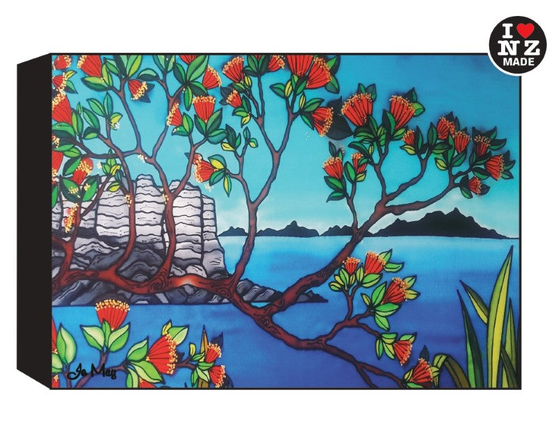 Jo May Rectangle 10 x 14 cm Black Art Block - Pohutukawa &amp; Coastline