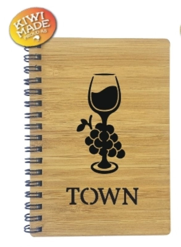 Bamboo Notebook Laser Cut with Wine Glass &amp; Grapes and Custom Town