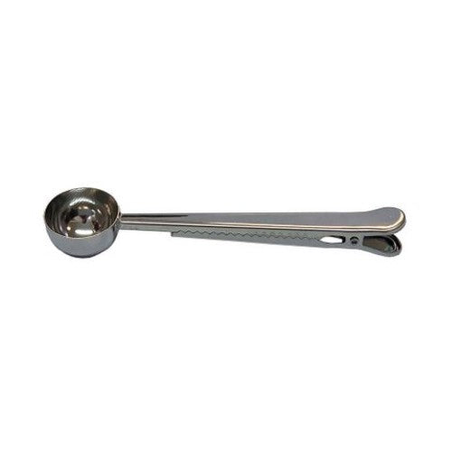 Set of 6 stainless steel coffee scoops with clip for precise measuring and resealing, keeps coffee fresh and flavorful.