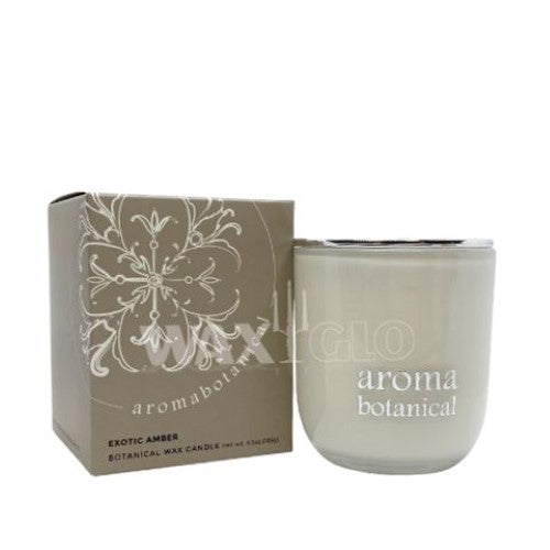 Aromabotanicals 185g jar candle in Exotic Amber, hand-poured eco-friendly wax for a warm, calming ambiance.