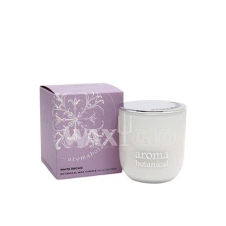 Aromabotanicals White Orchid candle in white glass jar with chrome lid, featuring floral and citrus fragrances, 40-hour burn time.