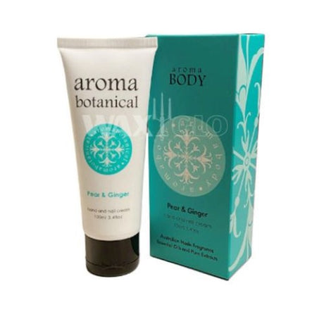 Aromabotanicals Pear & Ginger hand cream in 100ml tube, deeply hydrates with a fruity floral scent, perfect for on-the-go care.